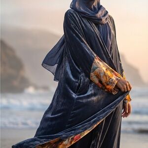 Elegant Velvet Abaya with Floral Cuffs